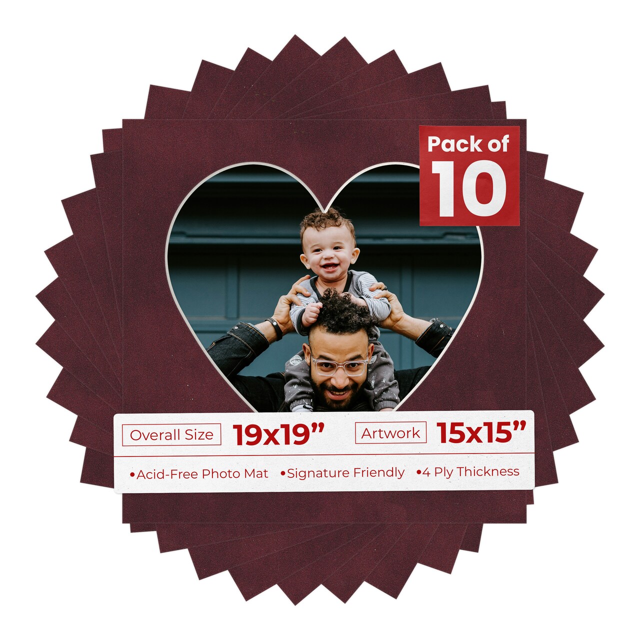 Dark Red Suede Mat Board for 19x19 Frames - Heart Opening for 15x15 Photos